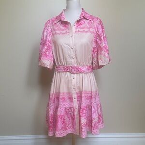 White Sandstorm Pink Linen Mini Dress Puff Sleeves, Belt, Button Front,Pockets,M
